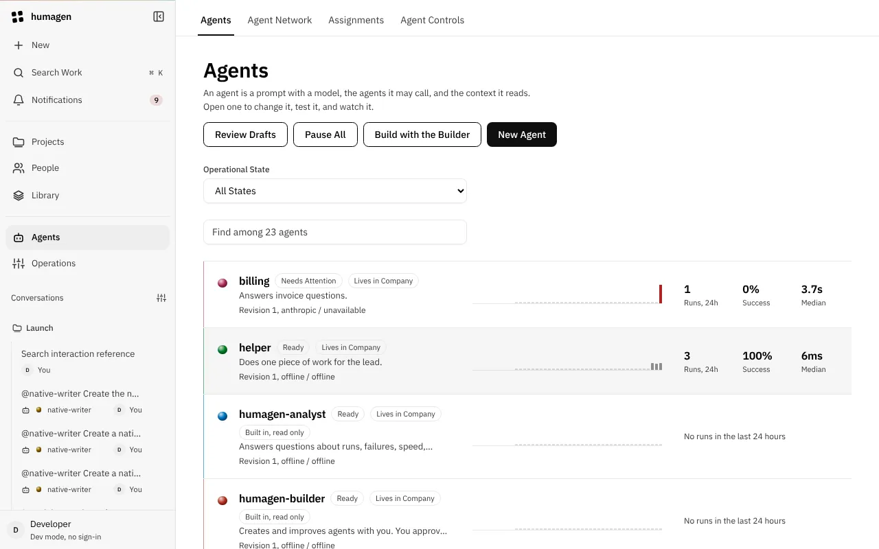 The Agents page: each agent with its state, revision, model and runs, success rate and median time over 24 hours.