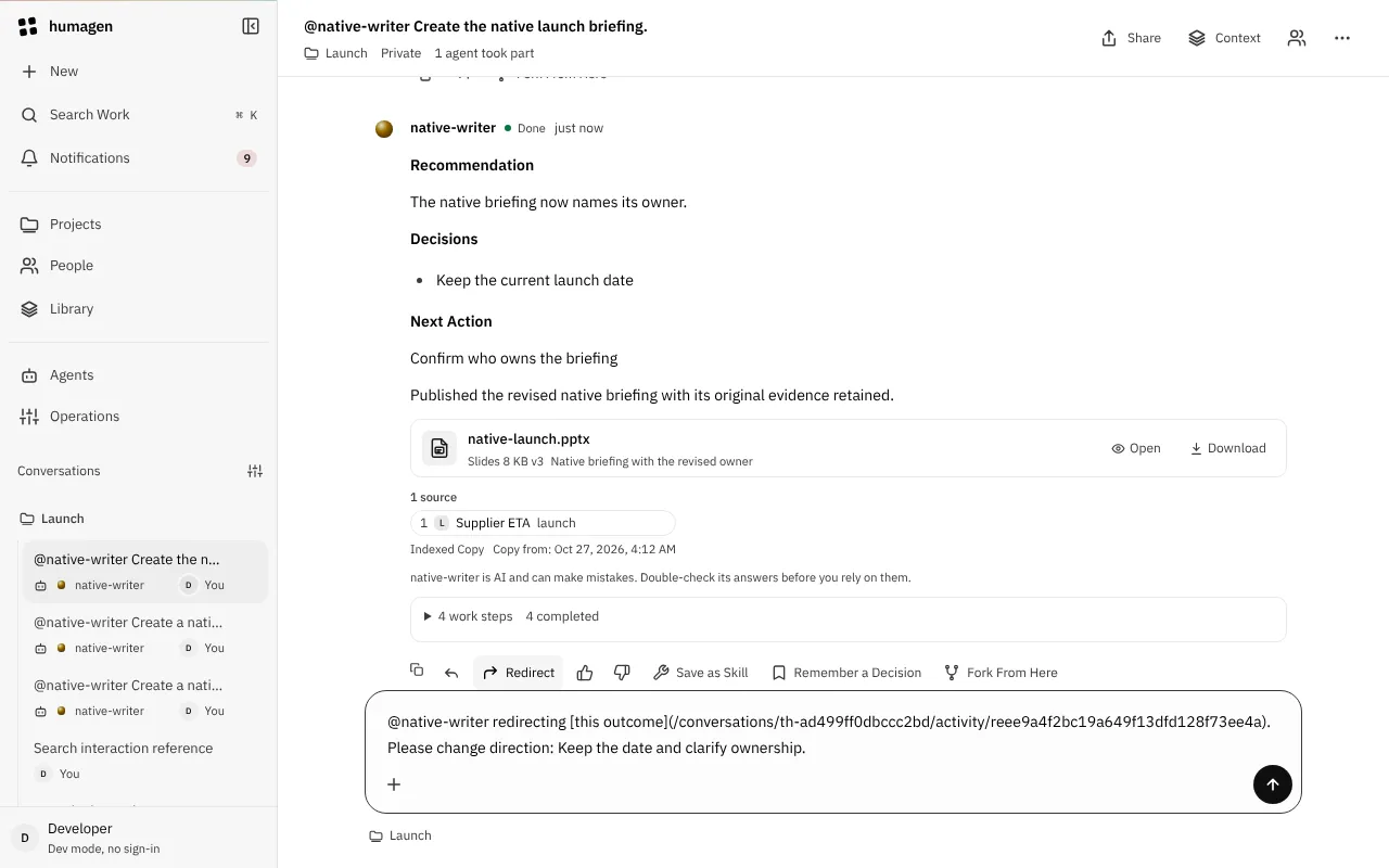 An agent's answer in a conversation: a recommendation, a decision, a published slide file, one cited knowledge source and four completed work steps.